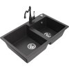 Mexen Tomas, granitový drez 800x500x190 mm, 2-komorový a drezová batéria Carla, čierna škvrnitá, 6516-76-670700-76