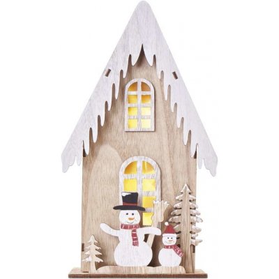 EMOS SK s.r.o. LED dekor. drevená – dom so snehuliakmi, 28,5 cm, 2x AA, vnútorná, teplá biela, časovač