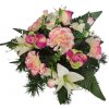 Smútočný aranžmán betonka umelé karafiáty, ruže, orchidey, ľalie a doplnky Ø 30cm x 20cm
