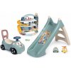Set šmykľavka s vlhčením a odrážadlo a chodítko XS Slide Little Smoby dĺžka šmyku 90 cm a garáž s autíčkom a helikoptérou