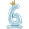 PartyDeco Balónik fóliový stojacie číslo 6 s korunkou svetlo modrý 84 cm