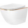 Rea Carlo Mini, závesná WC misa 49x37 cm Rimless s pomaly padajúcim toaletným sedadlom, biela-zlatý okraj, REA-C1222