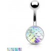 Šperky eshop - Oceľový piercing do bruška - 3D rybie šupiny s dúhovým efektom W18.21 - Farba piercing: Modrá