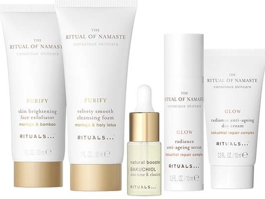 Rituals Ritual of Namasté čistiaci peeling na tvár 30 ml + denné sérum na tvár 10 ml + obnovujúci pleťový booster 4 ml + denný krém 10 ml + čistiaca pena 30 ml