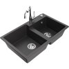 Mexen Tomas, granitový drez 800x500x190 mm, 2-komorový a drezová batéria Carla, čierna škvrnitá, 6516-76-670700-00