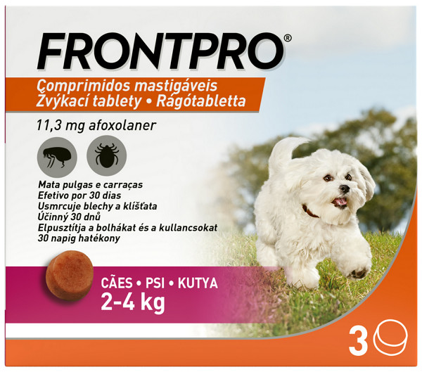 Frontpro XS 11mg žuvacie tablety pre psy proti kliešťom a blchám 2–4kg 3 tbl