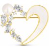JwL Luxury Pearls Romantická pozlátená brošňa srdca s kryštálmi a perleťou JL0841