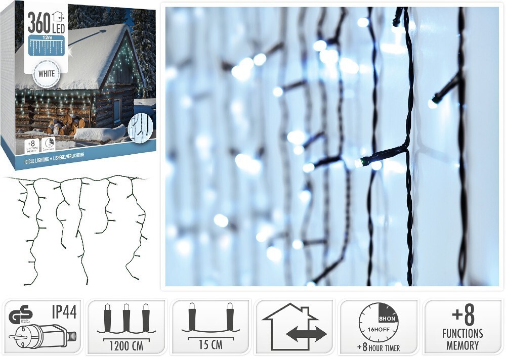 Kinekus Svetlo vianočné cencúle 360 LED studené biele, 12 m, s časovačom, s funkciami, vonkajšie/vnútorné