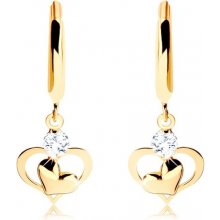 Šperky eshop zlaté náušnice lesklý kruh s visiacimi srdiečkami a čírym zirkónom S2GG93.10