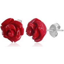 Šperky eshop náušnice z chirurgickej ocele koralovo červená rozkvitnutá ružička z akrylu Z43.04