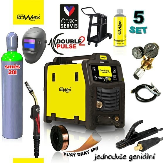 Kowax SET 5 GeniMig 240DP LCD MIG/MAG/LiftTIG/MMA + zváracia kukla Panter + redukčný ventil Ar + zvárací drôt G3Si1 + tlaková fľaša MIX + separačný sprej + podvozok