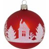 Vianočná ozdoba sklenená guľa s domčekom červená, 8 cm