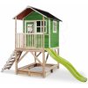 Domček cédrový na pilieroch Loft 500 Green Exit Toys s vodeodolnou strechou pieskoviskom a 1,75 m šmykľavkou zelený