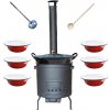 Perfect Cauldron kotol na guláš a zabíjačku smalt 70 L (1,2 mm), Perfect Cauldron žiaruvzdorná kotlina 56 cm PLUS 600, Perfect Cauldron taniere servírovacie 20,5 cm 6 ks, pokrievka 57 cm SMALT, varešk