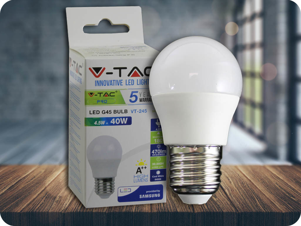 V-TAC E27 LED žiarovka 4.5W, 470lm, G45, SAMSUNG CHIP Studená biela