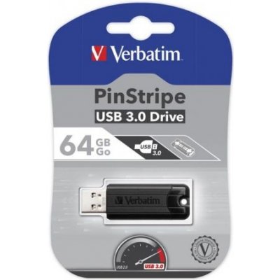 Verbatim USB flash disk, USB 3.0, 64GB, PinStripe, Store N Go, čierny, 49318, USB A, s výsuvným konektorom