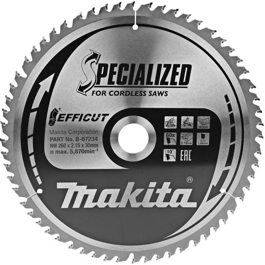 MAKITA B-67234 Efficut Kotúč pílový D 260 x 30 mm na drevo MDF laminát TCT 60 zubov 2.15 mm