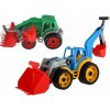 Teddies Traktor / nakladač / bager sa 2 lyžicami plast na voľný chod 2 farby v sieťke 16x35x16cm