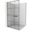 Mexen Kioto+ L, sprchová zástena Walk-In s poličkou a vešiakom 110 x 200 cm, 8mm číre sklo čierny vzor, zlatý lesklý profil,800-110-123-50-77