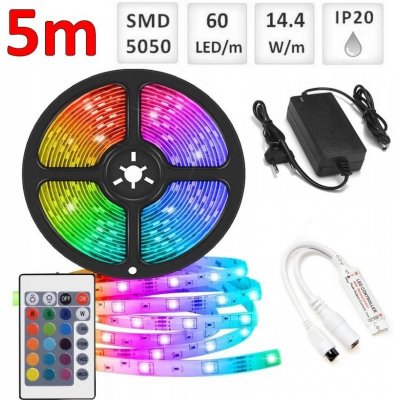 Optonica Sada: 5m RGB LED pásik do interieru 60 SMD5050/m, 14.4W/m, IP20 + zdroj + RGB ovládač SKU72080