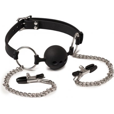 Rimba Latex Play Mouthgag with Ball and Nipple Clamps