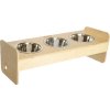 Stojan na misky pre psov Dogbar RACIO M pre malé aj veľké plemená 3x 700 ml miska 64 x 25 x 22 cm prírodné drevo
