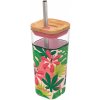 Quokka Sklenený cestovný hrnček so slamkou Liquid Cube Pink Jungle Flora 540 ml