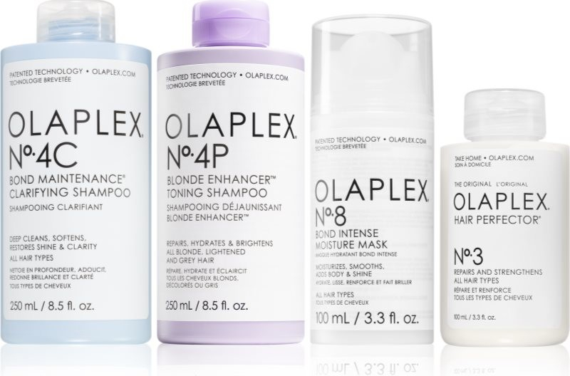 Olaplex The Ultimate Enhancing, Detoxing & Hydrating Kit for Blondes No°. 4P Blonde Enhance Toning Shampoor fialový tónovací šampón neutralizujúci žlté tóny 250 ml + No°. 4C Bond Maintenance