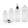 Plastová fľaša priehľadná okrúhla, biely rozprašovač, strieborná lesklá obruč, 150 ml