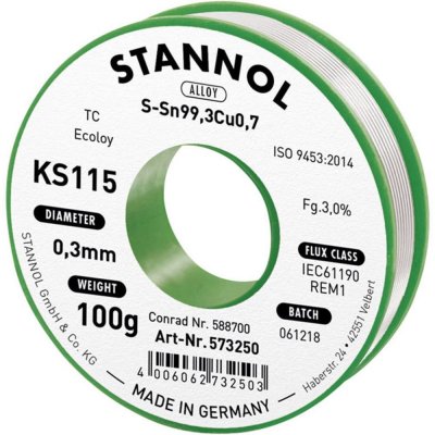 Stannol KS115 spájkovací cín bez olova cievka Sn99,3Cu0,7 ROM1 100 g 0.3 mm