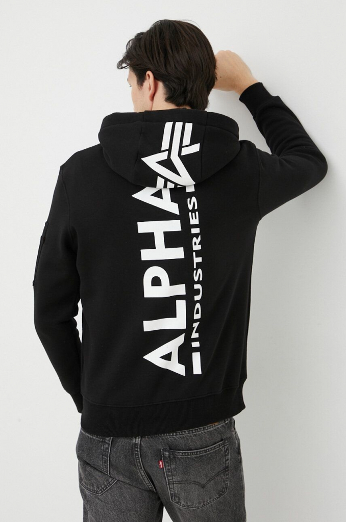 Alpha Industries pánska čierna s kapucňou s potlačou