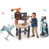 Set pracovný stôl s funkčným žeriavom Black&Decker Bricolo Builder a upratovací vozík Smoby s vysávačom a žehliaca doska so žehličkou