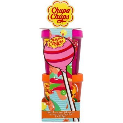 Chupa Chups Bath & Shower Jelly Pots darčekový set kúpeľové želé Strawberry Swirl 220 g + kúpeľové želé Orange Pop 220 g pre deti