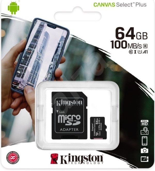 Púzdro Kingston Canvas Select Plus pamäťová karta MicroSD 64GB class 10 + adaptér 100MB/s