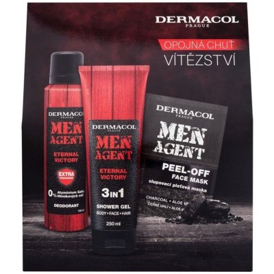 Dermacol Men Agent sprchový gél na tvár, telo a vlasy pre mužov 250 ml + zlupovacia pleťová maska s aktívnym uhlím pre mužov 10 ml + dezodorant v spreji pre mužov 150 ml