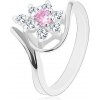 Šperky eshop - Lesklý prsteň v striebornom odtieni, zahnuté ramená, ružovo-číry kvietok G04.26 - Veľkosť: 52 mm