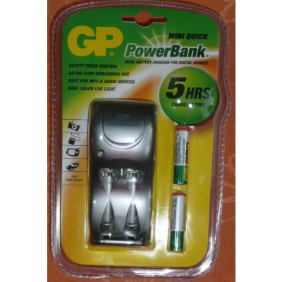 GP PoverBank, nabíjačka tužkových a mikrotužkových batérií + 2 ks nabíjacia batéria AA NiMH 2700 mAh