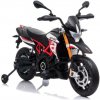 Beneo elektrická motorka Aprilia Dorsoduro 900 Licencované 12V batéria Eva mäkké kolesá 2 x 18W motor odpruženie kovový rám kovová vidlica pomocné kolieska červená