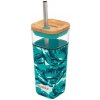 QUOKKA Cube Water Flowers, sklenený pohár so silikónovým povrchom, s bambusovým uzáverom a nerezovou slamkou, 540ml