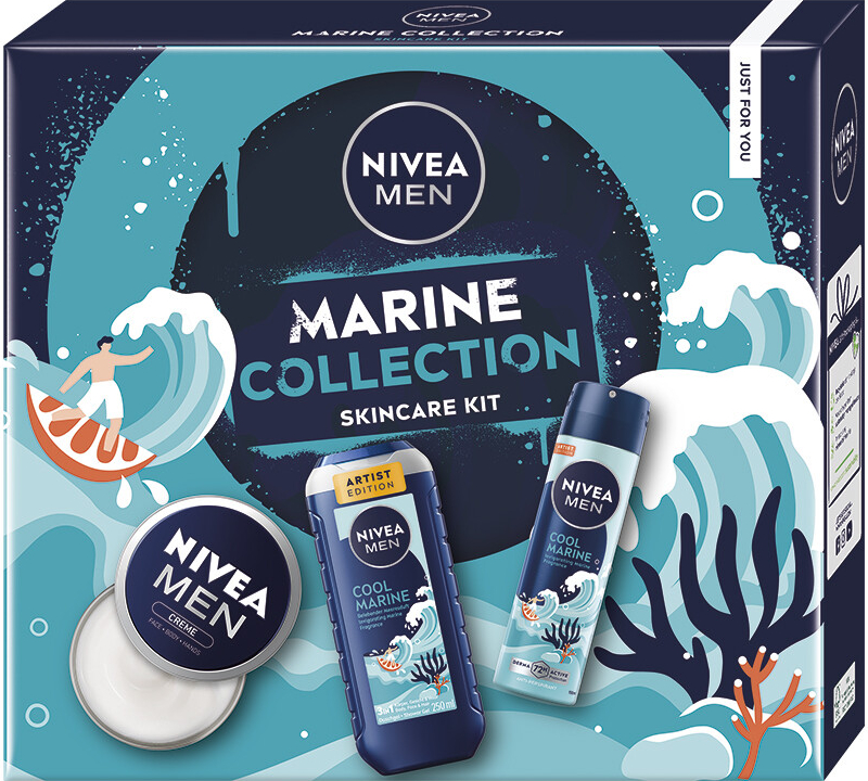 Nivea Men Cool Marine sprchový gél na telo a vlasy 250 ml + Cool Marine antiperspirant v spreji 150 ml + Original krém pre mužov 150 ml kozmetická sada