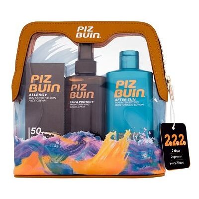PIZ BUIN Travel Bag : pleťový krém na opalování Allergy Sun Sensitive Skin Face Cream SPF50 50 ml + tělový sprej na opalování Tan & Protect Tan Intensifying Sun Oil Spray SPF30 150 ml + tělové mléko p