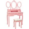 vidaXL Toaletný stolík so stoličkou a 3-dielnym zrkadlom ružový