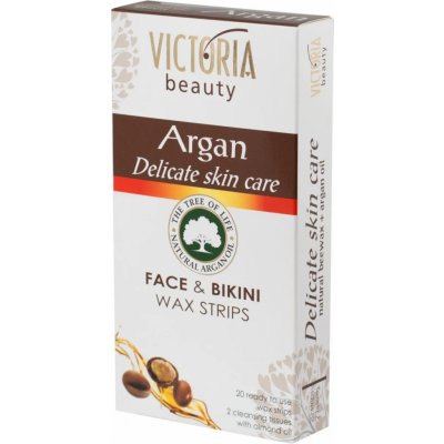 Victoria Beauty Argan depilačné voskové pásiky na tvár a oblasť bikín s arganovým olejom 20 kusov + 2 obrúsky 22 ks