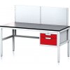 Alfa 3 Nastaviteľný dielenský stôl MECHANIC II s perfopanelom, 2 zásuvkový box na náradie, 1600x700x745-985 mm, sivá/červená
