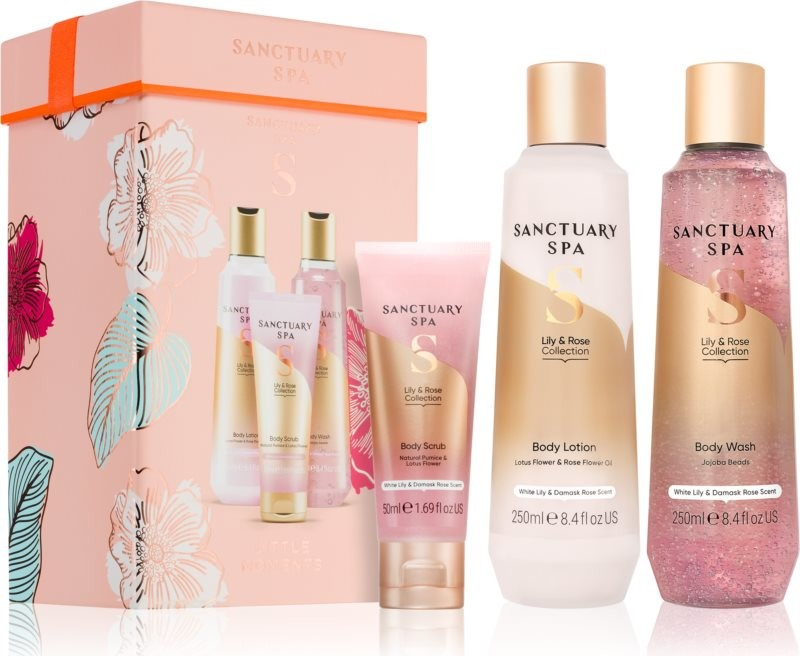 Sanctuary Spa Lily & Rose sprchový gél 250 ml + telové mlieko 250 ml + peeling s vyhladzujúcim efektom 50 ml