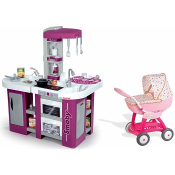 Smoby Set kuchynka Tefal Studio XL s umývačkou riadu a chladničkou a hlboký kočík pre bábiku Baby Nurse 55 cm rúčka