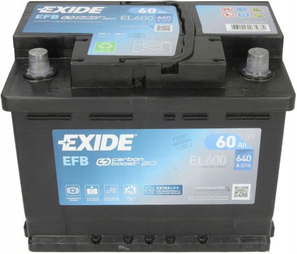 Exide Start-Stop EFB EL600: spoľahlivá 12V batéria s 60Ah pre moderné vozidlá s pokročilou technológiou EFB.
