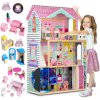 Ricokids Dřevěný domeček pro panenky 3podlažní s výtahem a LED osvětlením