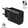 FIXED Súprava sieťovej nabíjačky s 2xUSB výstupom a USB/USB-C kábla, 1 meter, 17W Smart Rapid Charge, FIXC17N-2UC-BK čierna