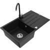 Mexen Bruno, 1-komorový granitový drez s odkvapkávačom 80x50 cm a kuchynskou batériou Telma, čierna, 6513-77-670200-70